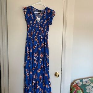 Blue Floral Maxi Dress with Pink Accent